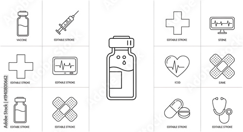 A set of medical icons including a vaccine bottle, syringe, and health symbols in a flat, minimal line art style