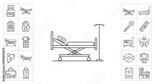 A collection of medical icons including a hospital bed and various healthcare symbols in a flat line art style