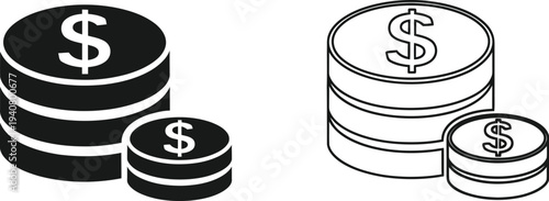 Black and white money concept with dollar coins stacks isolated on transparent background, Vector