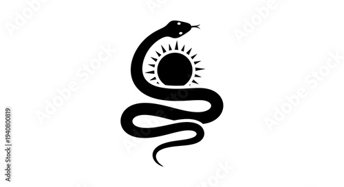 Black Snake Coiled Around Sun Symbol.