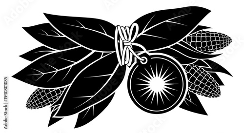 Black and White Coffee Illustration with Leaves.