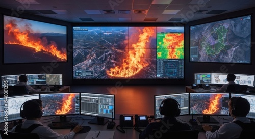 Emergency response team monitoring wildfire on multiple screens in control room with drones