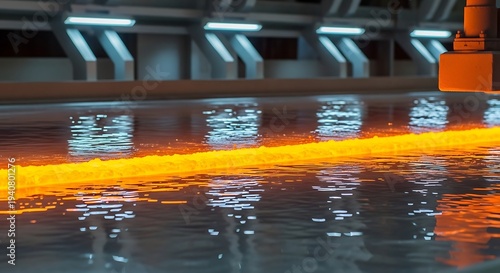 Molten glass flows like a glowing river through a shallow industrial tank.