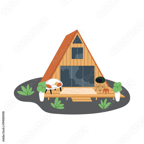 Modern A-Frame Glamping Tent Illustration with Outdoor Dining – Luxury Camping Scene