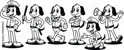 Retro cartoon police dog characters lineup in vintage rubber hose style multiple poses smiling speaking and saluting black and white