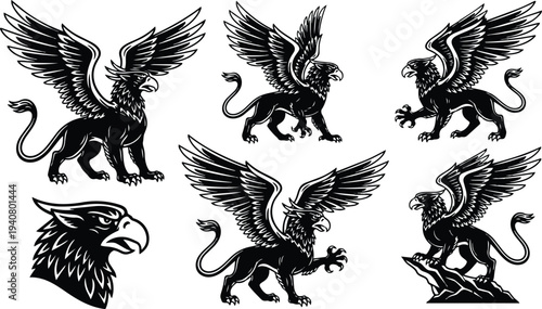 Tattoo flash set of six griffin emblems in black and white dynamic poses with spread wings fierce expression
