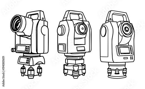 Surveyor tools set with flat design and consistent stroke featuring total station, engineering, measurement with construction and geodesy