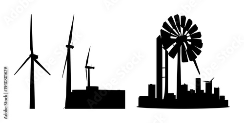 Vertical axis wind turbine set with a solid black silhouette featuring modern design, renewable energy, urban power with geometric shape and clean technology
