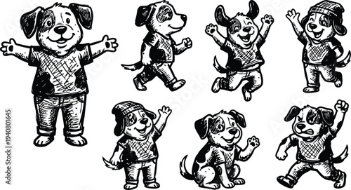 Line art playful puppy character set multiple poses waving jumping sitting walking sketch style friendly mascot pack black white ink