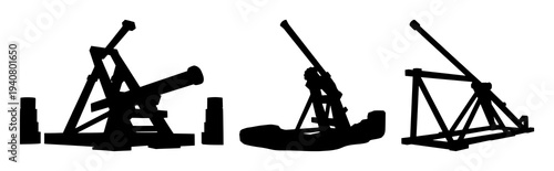 Trebuchet set with solid black silhouette isolated on white featuring medieval warfare, siege engine, historical war technology with silhouette and outline