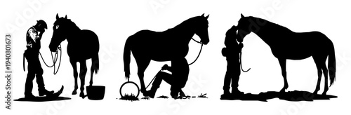 Farrier set with solid black silhouette of a farrier shoeing a horse featuring horse, farrier, shoeing with black and white contrast and white background