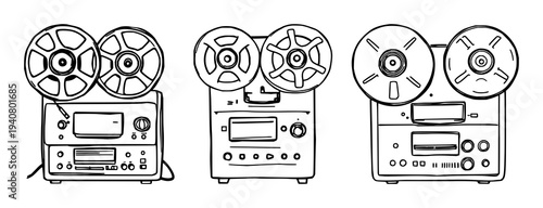 Reel-to-reel tape recorder set with vintage audio aesthetic featuring chunky outlines, analog technology, retro-style with music equipment and antique device
