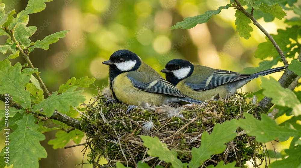Obraz premium Closeup shot of two great tits caring for their nest in a tree during springtime in a forested area