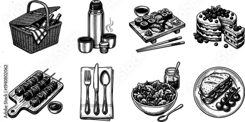 Hand drawn line art picnic and food icon set showing basket, thermos, sushi, cake, skewers, utensils, close up top angle