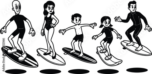 Retro cartoon sequence of five family members surfing on surfboards in playful black and white line art motion dynamic pose