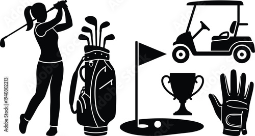 Vector silhouette female golfer swinging with golf bag and golf flag beside cart trophy and glove in dramatic black contrast