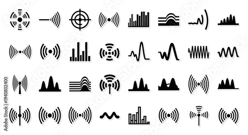 A collection of black signal icons on a white background displayed in a grid layout from a straightforward viewpoint