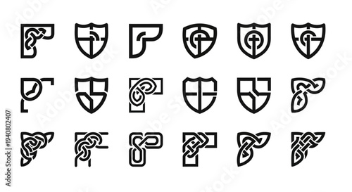 Celtic shield symbols and gun icons in a grid pattern on a plain background, viewed from directly above