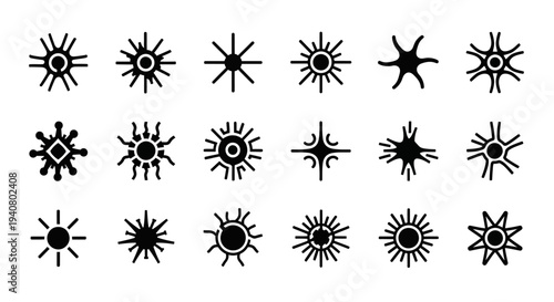 Collection of various black starburst symbols on a clean background viewed directly from above