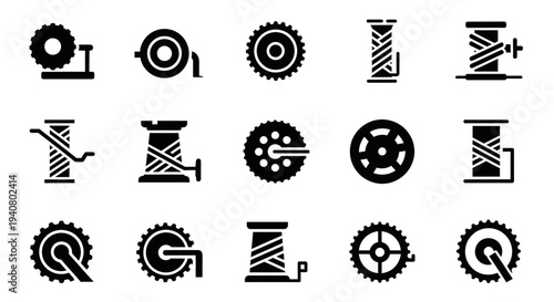 Collection of Mechanical Icons Representing Industrial Machinery and Tools in Black and White