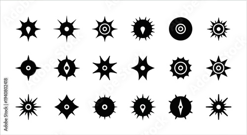 Collection of diverse black emblems and symbols displayed on a clean white background from a direct viewpoint