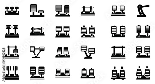 Collection of industrial machinery icons representing various manufacturing processes and equipment used in factories and production facilities