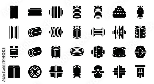 Collection of industrial machinery parts and equipment icons in black and white illustration style