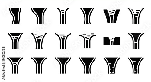 A collection of abstract black illustrations showcasing various shapes and designs on a plain background from a straightforward viewpoint