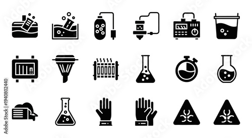 Collection of Laboratory Icons Representing Scientific Experiments and Equipment in Simple Black Illustrations