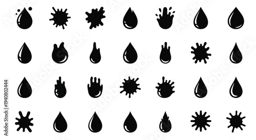 Collection of various black splatter and droplet icons on a clean background displayed in a grid layout from a straightforward viewpoint