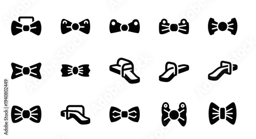 Collection of black bow tie icons on a white background viewed from directly above