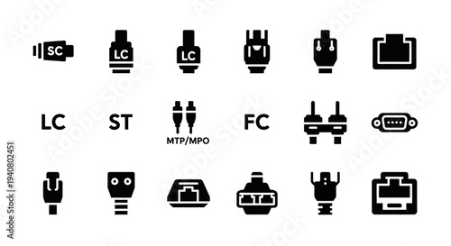 Collection of various fiber optic connectors and adapters displayed together