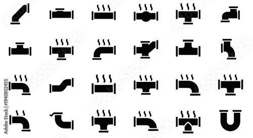 Various black pipe fittings icons arranged in a grid pattern on a white background, showcasing different plumbing configurations from a direct viewpoint.