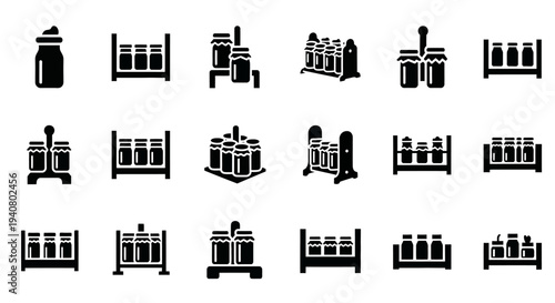 Collection of industrial equipment icons in various grid arrangements displayed on a plain background from a straightforward viewpoint