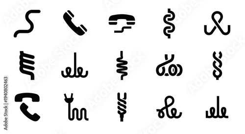 Collection of various abstract black telephone symbols on a plain background viewed directly from the front.