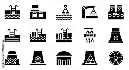 Industrial icons collection featuring machinery, factory, infrastructure, technology, and industry elements in a grid layout on a clean background