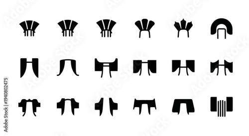 Collection of various black silhouettes of fans and other objects displayed in a grid pattern on a plain white background