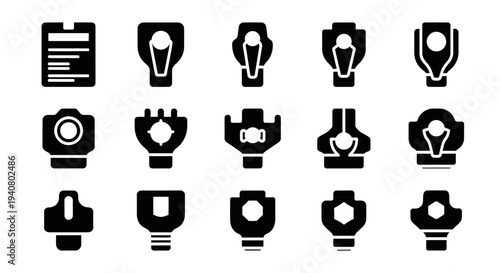 Collection of black icons representing various photography and lighting equipment on a white background from a straightforward viewpoint