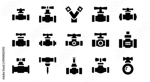 Collection of industrial valve icons displayed in a grid arrangement, showcasing various designs and functionalities