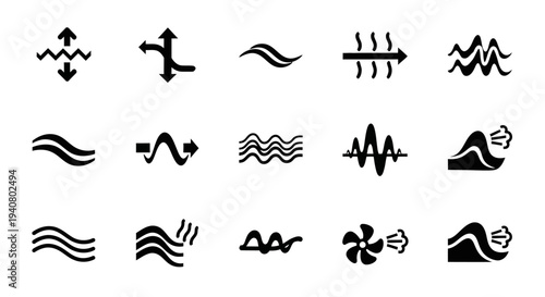 Collection of abstract wave and signal icons in black on a clean background from a straightforward viewpoint