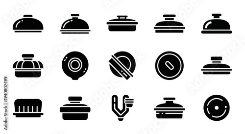 Collection of kitchen utensils and dinnerware icons displayed in a grid pattern on a clean surface from a direct viewpoint