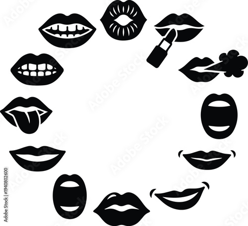 Minimalist icon lip expression set circular layout various mouth shapes lipstick smoking tongue smiling open mouth kissing whispering shouting vocal
