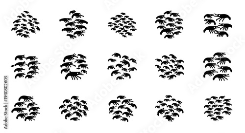 A collection of fifteen black silhouettes of foliage arranged in a three by five grid pattern on a plain background from a direct viewpoint