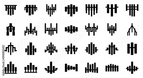 Collection of various black sound wave icons on a clean white background displayed from different viewpoints