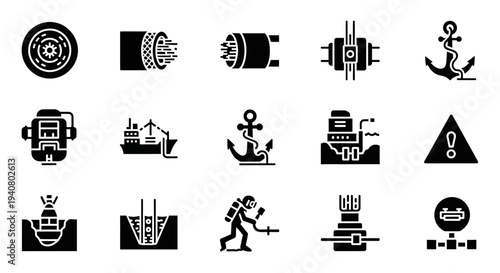 Collection of industrial and maritime icons representing various themes and symbols in black illustrations