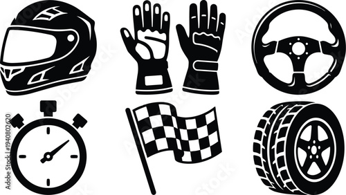 Flat design racing gear icon set showing black helmet gloves steering wheel stopwatch tire and checkered flag close up view