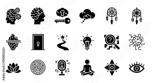 A collection of mystical and spiritual symbols, including dreamcatchers, meditation, and enlightenment icons, presented in a grid layout, viewed from directly above