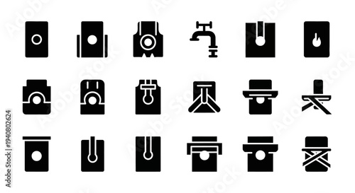 Collection of simple black icons representing various industrial machinery and equipment displayed on a grid layout