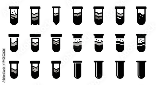 Collection of various laboratory test tubes with different contents and designs displayed on a clean white background