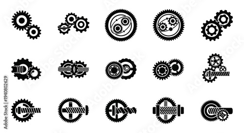 Collection of mechanical gears and cogs in various sizes and configurations, isolated on a plain background, viewed from a straightforward perspective